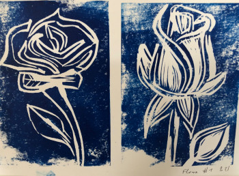 Zeitgenössisches Werk mit dem Titel « Flower blue linoprint #01 », Erstellt von AERH ARTS