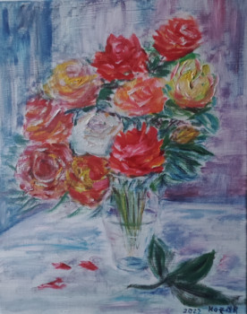 Zeitgenössisches Werk mit dem Titel « Roses dans le vase », Erstellt von KOZAR