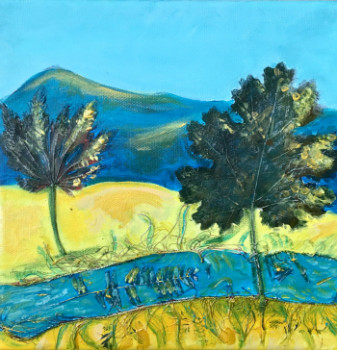 Zeitgenössisches Werk mit dem Titel « Paysage jaune et bleu: la rivière », Erstellt von AGNèS BENNETOT