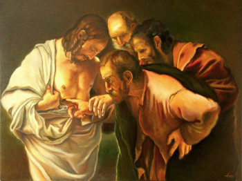 Zeitgenössisches Werk mit dem Titel « Reproduction - Caravage L'incrédulité de Saint Thomas », Erstellt von ADINA LOHMULLER