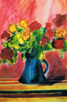 Zeitgenössisches Werk mit dem Titel « Roses dans un vase bleu », Erstellt von GENEVIèVE SARAZIN