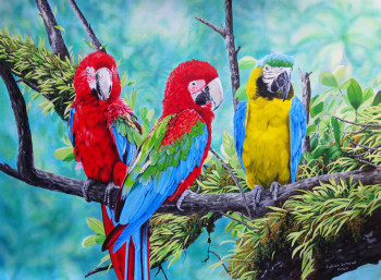 Zeitgenössisches Werk mit dem Titel « Blue and yellow and scarlet Macaws », Erstellt von JULIAN WHEAT