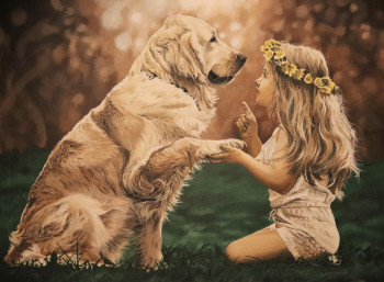 Zeitgenössisches Werk mit dem Titel « Première Leçon,Golden Retriever », Erstellt von JULIAN WHEAT