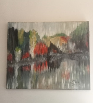 Zeitgenössisches Werk mit dem Titel « Lac d'automne huile sur toile 73x60 », Erstellt von VéRONIQUE ROSE