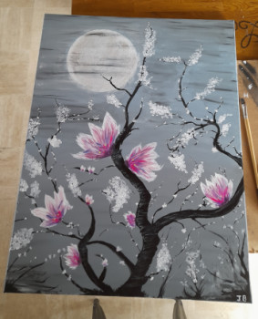 Zeitgenössisches Werk mit dem Titel « Magnolia au clair de lune », Erstellt von JB