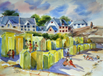 Zeitgenössisches Werk mit dem Titel « L'été sur la plage aux cabines jaune du port de Batz sur Mer. (21-003) », Erstellt von JACQUELINE PELON