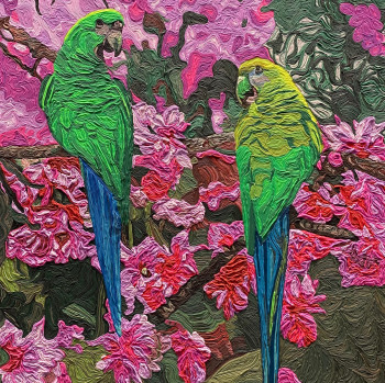 Zeitgenössisches Werk mit dem Titel « Amor Parrots », Erstellt von ELIANA FLOR