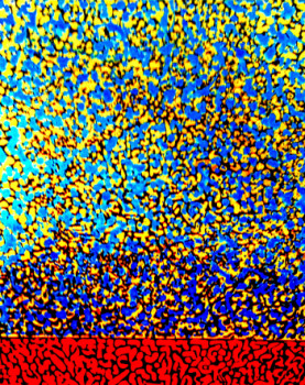 Zeitgenössisches Werk mit dem Titel « PEINTURE  SUR  BOIS  -  BLEU  - ROUGE  OR », Erstellt von ASGRAPHE2023