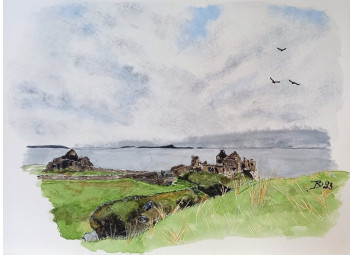 Zeitgenössisches Werk mit dem Titel « Dunluce Castle », Erstellt von RAPHAELLE DOIN AQUARELLES