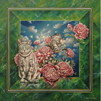 Zeitgenössisches Werk mit dem Titel « Chats et pivoines (vendu) », Erstellt von DAN' SCHAUB