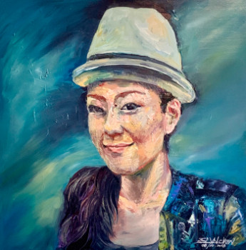 Zeitgenössisches Werk mit dem Titel « Autoportrait au chapeau blanc », Erstellt von ELYN CHEN