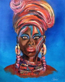 Zeitgenössisches Werk mit dem Titel « Femme africaine fond bleu », Erstellt von CLICKART+