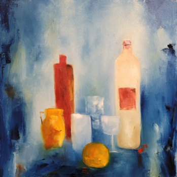 Zeitgenössisches Werk mit dem Titel « Bouteilles et orange », Erstellt von NADINE DE LESPINATS