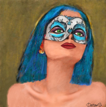 Zeitgenössisches Werk mit dem Titel « Young girl with blue mask », Erstellt von DORON B