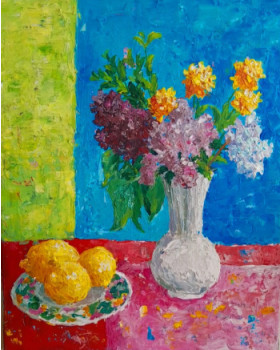 Zeitgenössisches Werk mit dem Titel « citron et fleurs de printemps », Erstellt von LAYAL DALALE