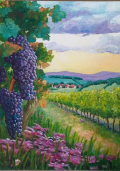 Zeitgenössisches Werk mit dem Titel « champs de raisin au coucher du soleil », Erstellt von LAYAL DALALE