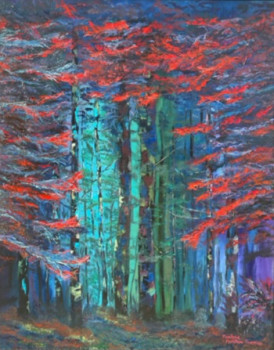 Zeitgenössisches Werk mit dem Titel « Forêt rouge au crépuscule », Erstellt von MARILYNE MARILLEAU GUERRIAU