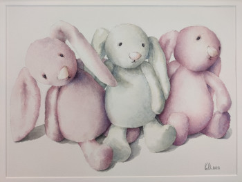 Zeitgenössisches Werk mit dem Titel « Peluches, trois petits lapins », Erstellt von VAL.H