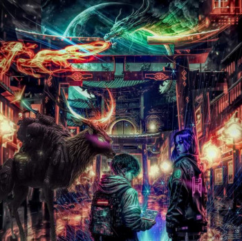 Zeitgenössisches Werk mit dem Titel « Asian cyberpunk street », Erstellt von PAPYNEKO55