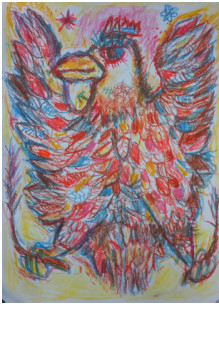 Zeitgenössisches Werk mit dem Titel « American eagle aigle royale couleurs vives, pastels sur feuille, 21x30cm. Style art brut art singulier », Erstellt von SYLVAIN DEZ