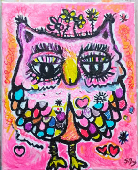 Zeitgenössisches Werk mit dem Titel « Hiboux oiseau 24x30cm acrylique/toile », Erstellt von SYLVAIN DEZ