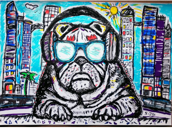 Zeitgenössisches Werk mit dem Titel « Tableau Peinture Chien Bouledogue Musique Fun Casque audio 21x30cm/feuille signé », Erstellt von SYLVAIN DEZ