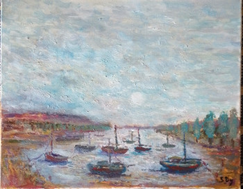 Zeitgenössisches Werk mit dem Titel « tableau peinture huile/Toile paysage Vintage provence marin Bateaux 24x30cm signé », Erstellt von SYLVAIN DEZ