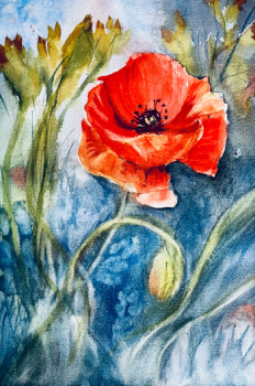 Zeitgenössisches Werk mit dem Titel « Poppy, coquelicot à l'aquarelle », Erstellt von LUCIE FRANCE