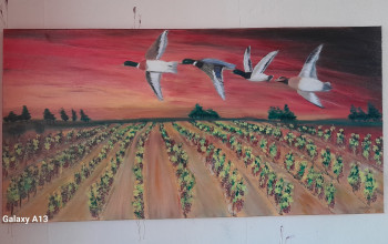 Zeitgenössisches Werk mit dem Titel « vol de canard au dessus du vignoble », Erstellt von JEAN MARC CLOVIS