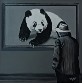 Zeitgenössisches Werk mit dem Titel « Un homme regarde dans une exposition un tableau représentant un panda. », Erstellt von JEAN-CLAUDE ROBLES