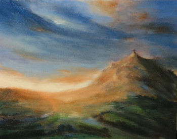 Zeitgenössisches Werk mit dem Titel « Brille. Huile sur carton entoilé, 30x20cm. Expressionisme, luminisme, inspiré de l'espérance que Dieu nous invite à avoir en lui. Le croix sur la montagne, symbole de foi ancrée, intemporel et constituant la base de toute chose. », Erstellt von CLAIRE CONSTANT