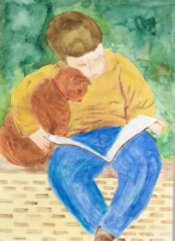 Zeitgenössisches Werk mit dem Titel « L'enfant et son chat », Erstellt von NATHALIE ARCHAMBAUD