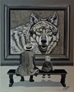 Zeitgenössisches Werk mit dem Titel « Un homme et son petit fils admirent dans une exposition un tableau représentant un loup. », Erstellt von JEAN-CLAUDE ROBLES