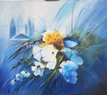 Zeitgenössisches Werk mit dem Titel « Bouquet de Fleur dans le bleu », Erstellt von LES PEINTURES DE JOELLE BROUILLARD