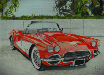 Zeitgenössisches Werk mit dem Titel « Chevrolet Corvette C1 1961. », Erstellt von PIRDESSINS