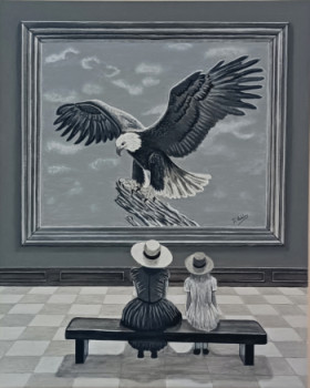 Zeitgenössisches Werk mit dem Titel « Une mère et sa fille regardent un tableau représentant un magnifique aigle. », Erstellt von JEAN-CLAUDE ROBLES