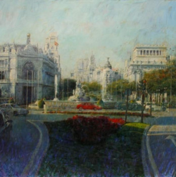 Zeitgenössisches Werk mit dem Titel « Plaza de Cibeles Madrid, óleo sobre tabla medidas 195 por 122 centímetros », Erstellt von FéLIX GONZáLEZ MATEOS