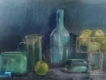 Zeitgenössisches Werk mit dem Titel « Nature Morte Bleue au Pastel Sec », Erstellt von CLICKART+