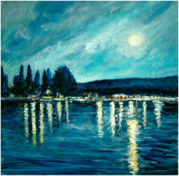 Zeitgenössisches Werk mit dem Titel « Bord du lac de Bienne à la nuit tombante », Erstellt von KRIGOU CHRISTIAN SCHNIDER