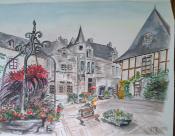 Zeitgenössisches Werk mit dem Titel « La place de Locronan - Finistère », Erstellt von JOSEPHINE