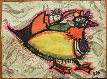 Zeitgenössisches Werk mit dem Titel « Peinture canard mandarin 21x28cm/feuille », Erstellt von SYLVAIN DEZ