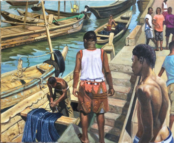 Zeitgenössisches Werk mit dem Titel « Pêcheurs dans le port de Cotonou - Benin », Erstellt von JEAN-FRANCOIS DAMLENCOUR