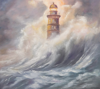 Zeitgenössisches Werk mit dem Titel « TEMPÊTE SUR LE PHARE », Erstellt von MARTINE GRéGOIRE