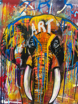 Zeitgenössisches Werk mit dem Titel « Peinture acrylique éléphant pop art 60 x 80 cm », Erstellt von NATHALIE DEFFRENE