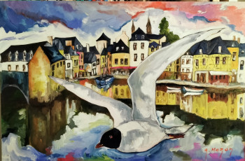 Zeitgenössisches Werk mit dem Titel « La mouette dans le port de Saint goustan . », Erstellt von G.MAZAN