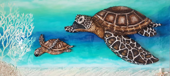 Zeitgenössisches Werk mit dem Titel « 3 D Swimming Seaturtle with child Epoxy », Erstellt von OZEANARTDESIGN