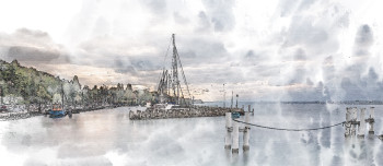 Zeitgenössisches Werk mit dem Titel « Aquarelle d'Yvoire le lac Léman », Erstellt von ART CRéATION FANTAISIE