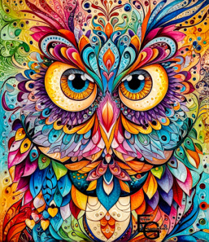 Zeitgenössisches Werk mit dem Titel « A vividly colored owl with intricate patterns and designs with large expressive eyes. », Erstellt von ELEGANTCHIKOVA