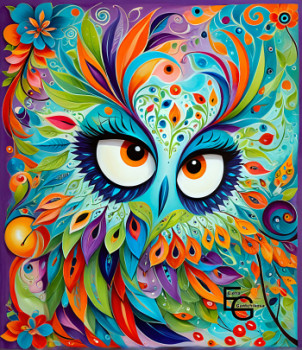 Zeitgenössisches Werk mit dem Titel « Owl with a flower wreath, Wise Eye, Colorful Plumage, Intertwined Visions », Erstellt von ELEGANTCHIKOVA