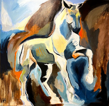 Zeitgenössisches Werk mit dem Titel « Espagnol Blanc au Galop », Erstellt von LAURE SAIGNE